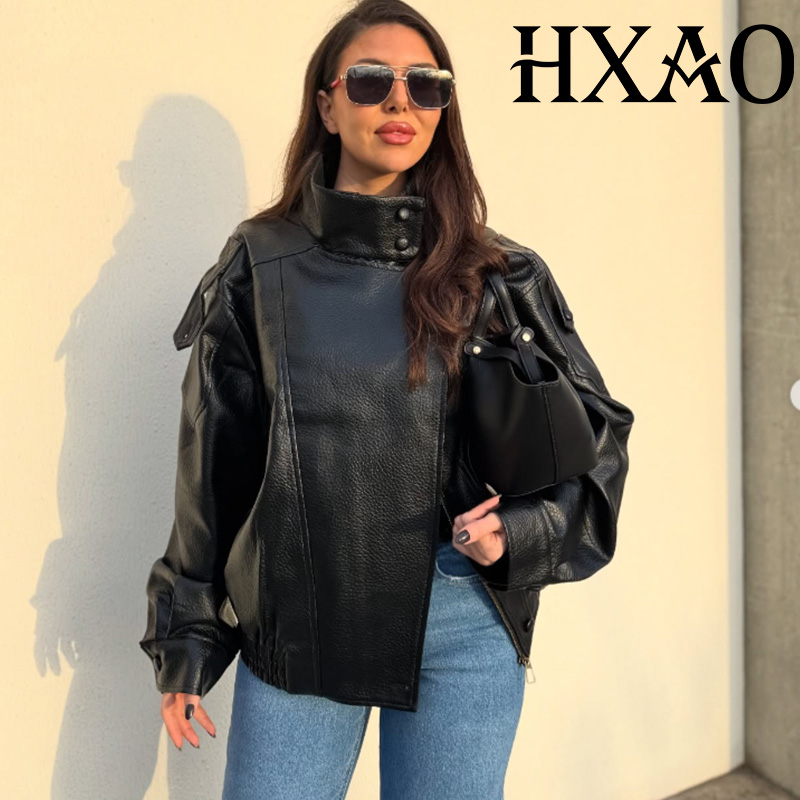 HXAO 女性のフェイクレザージャケットショートコート黒ボンバージャケット女性のためのルース冬のアウターハイネックアビエイタージャケット
