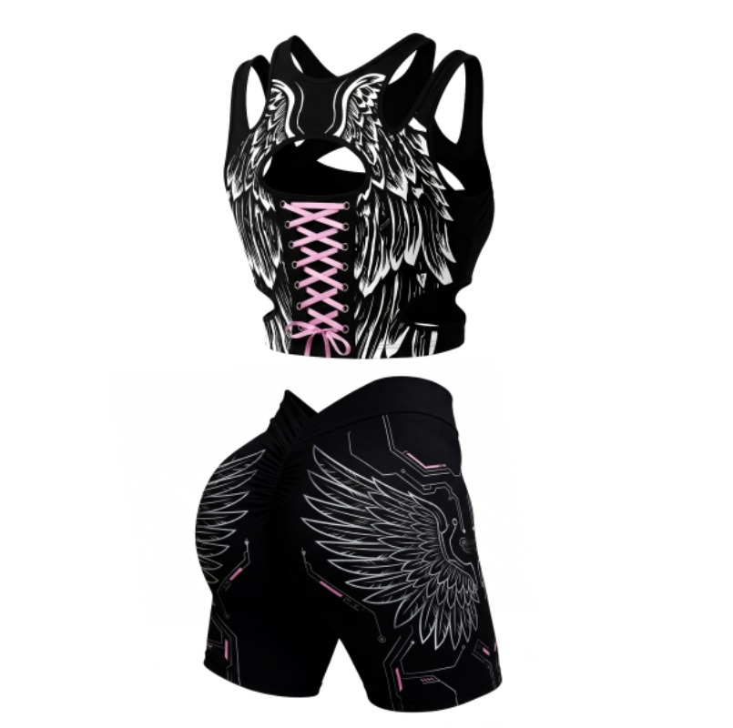 3xl 夏ブラックピンクセクシーな天使の羽速乾性通気性 2 個セットスポーツウェアカットアウトタンクトップハイウエストショーツワークアウト衣装