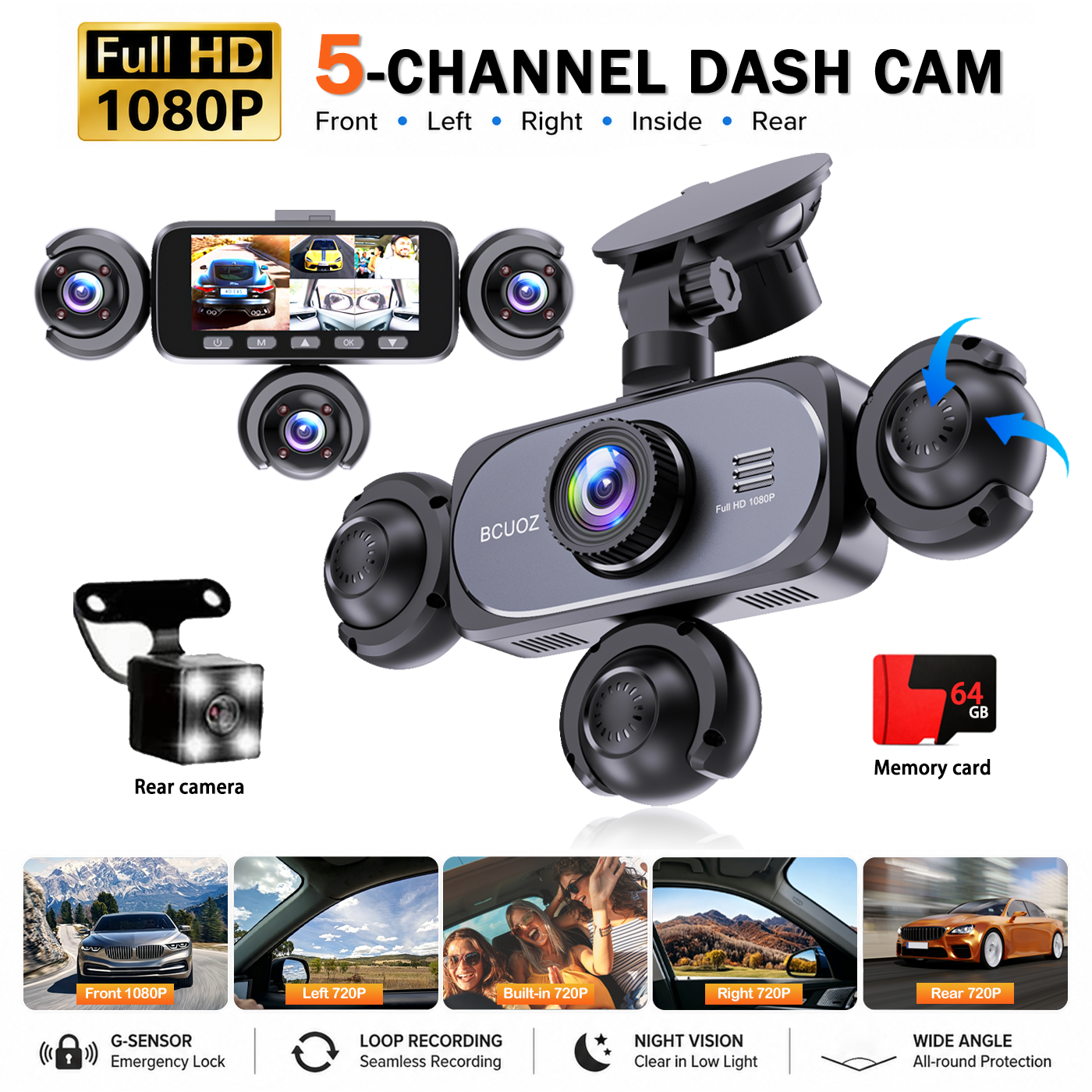 BCUOZ 5レンズ360°ダッシュカム、1080Pフロント720Pリア左右車用カメラ、360°カービデオレコーダーブラックボックス、スーパーナイトビジョンループ録画GセンサーWDR 12-24Vプラグ電源、オプションの64GBメモリ