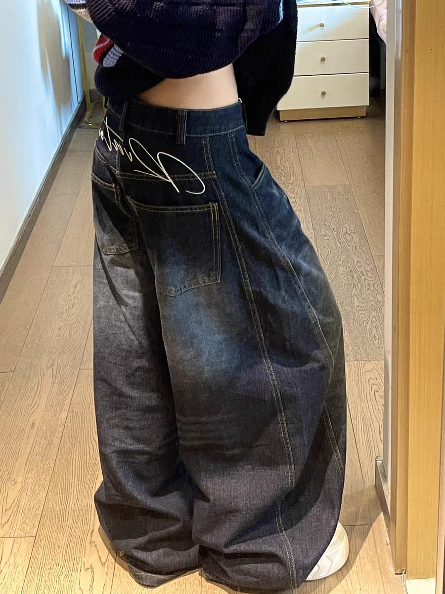 カジュアルレディース Y2K ルーズだぶだぶのジーンズブルーウォッシュハイストリートヴィンテージカーゴパンツワイドレッグオーバーサイズパンツ Y2K パンツ