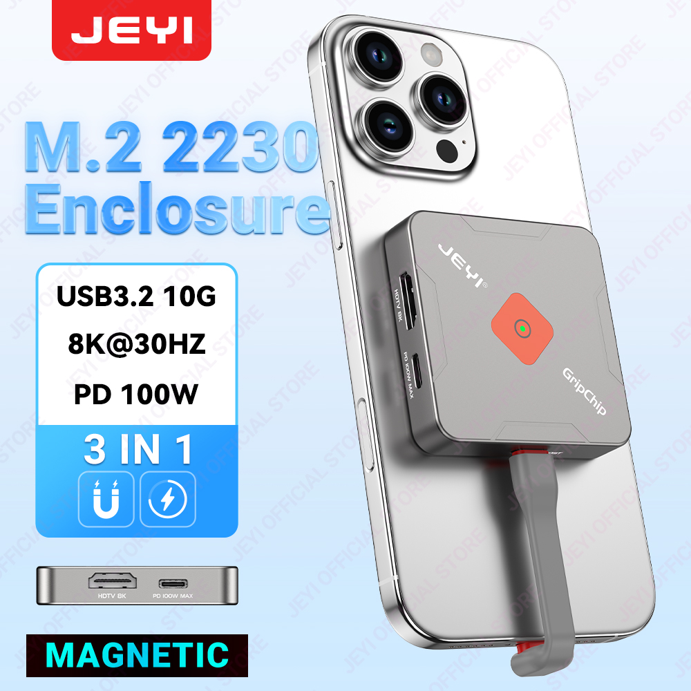 JEYI 磁気 M.2 2230 SSD エンクロージャ、Magsafe 付き、iPhone 16/15 ProRes 用、8K/4K HD 画面共有、USB 10Gbps、100W PD 充電