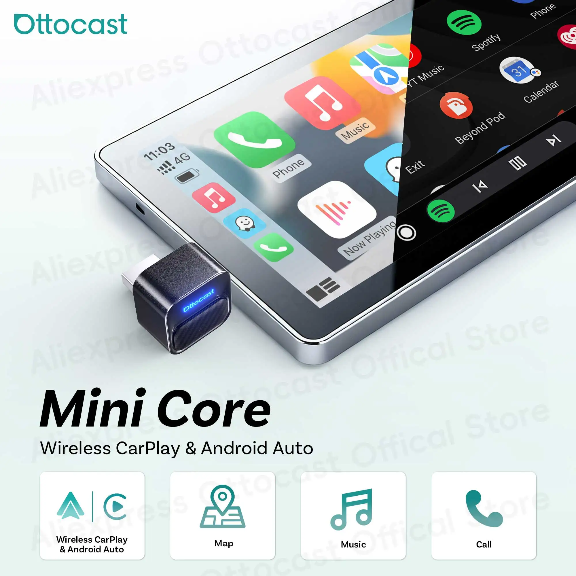Ottocast ミニコアワイヤレス CarPlay Android 自動アダプター 2 in 1 小型ドングルとスマートボタンカーアクセサリー VW トヨタ MG 用