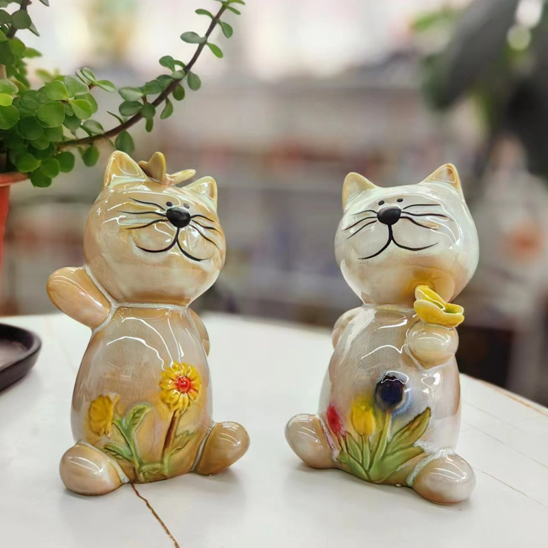 花蝶セラミック子猫像、ミニかわいい猫の置物キャビネット棚リビングルームテーブル家の装飾ギフト