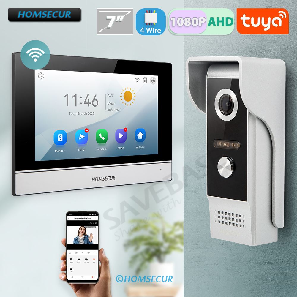 HOMSECUR 4 ワイヤー Tuya スマート APP HD ビデオハウスドアホンキット 7 "タッチスクリーンモニター IP65 ドアベルカメラ記録スナップショット