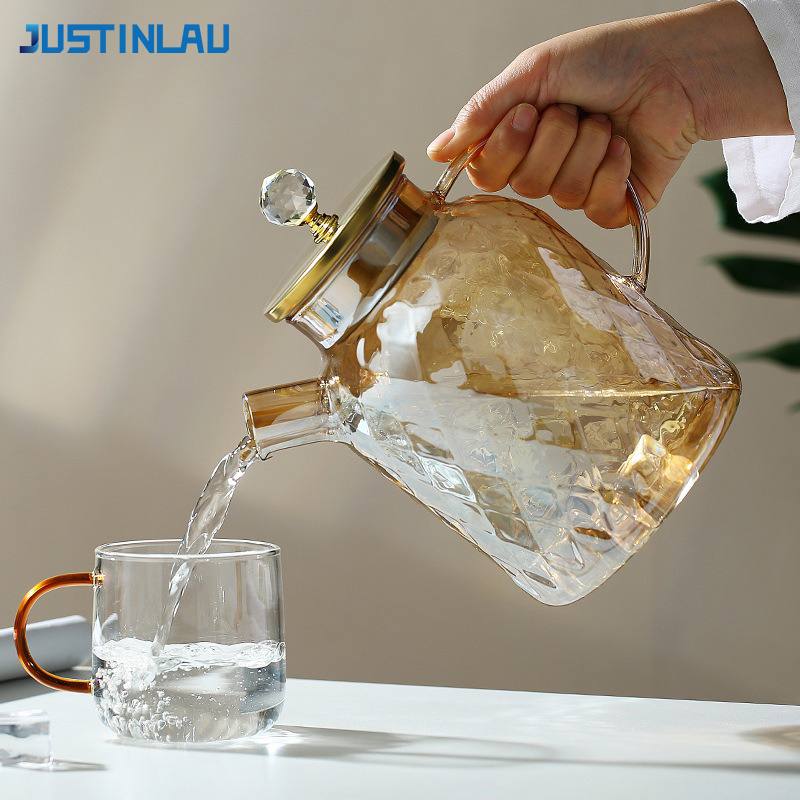 JUSTINLAU 1/1.8L ティーポット 高ホウケイ酸ガラス 冷水ケトル 蓋付き