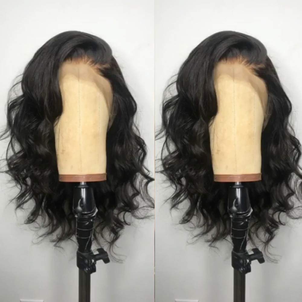 黒ショート実体波レースフロントウィッググルーレスナチュラルウェーブ合成耐熱ファイバーヘアウィッグベビーヘア 16 インチ