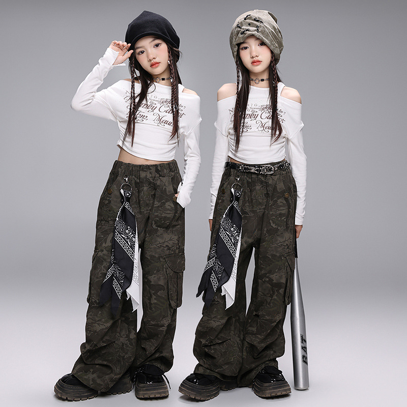 Kid Hip Hop Clothing White Cold Shoulder T Shirt Crop Top Camouflage Casual Wide Cargo Pants for Girl Jazz Dance Costume Clothes
