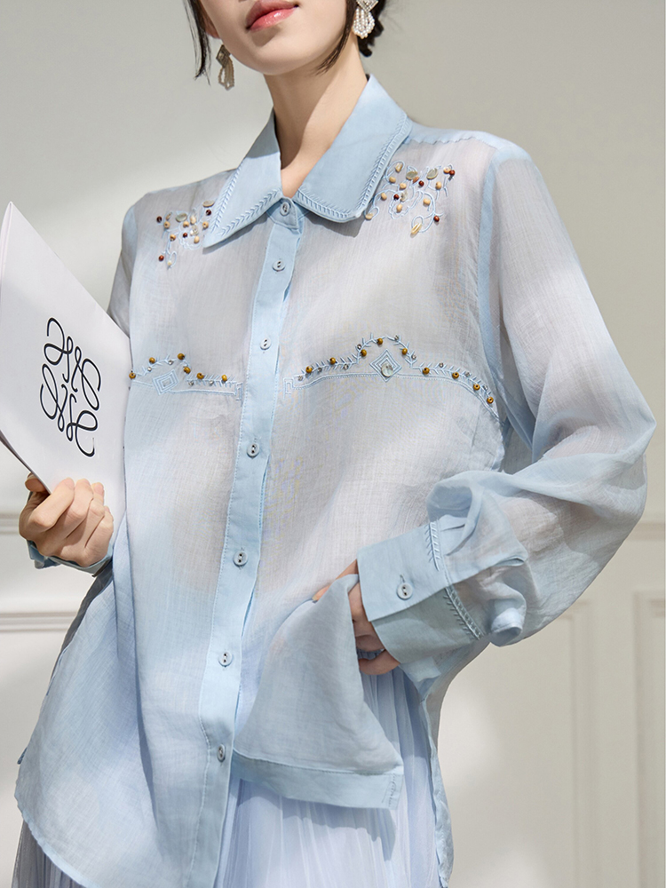 女性特大薄手のパールビーズ刺繍シャツブルー長袖ルーズエレガントなブラウスシックなシースルーボタンアップトップ