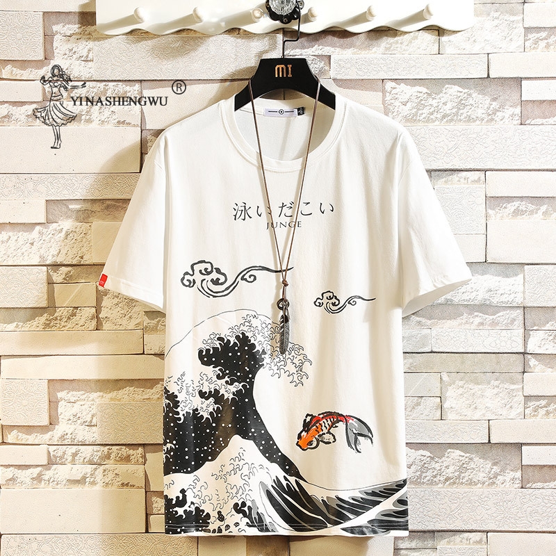 和風ファッションルーズバージョンプリントメンズ Tシャツヒップホップ Tシャツラウンドネック春と夏のトレンド半袖メンズ