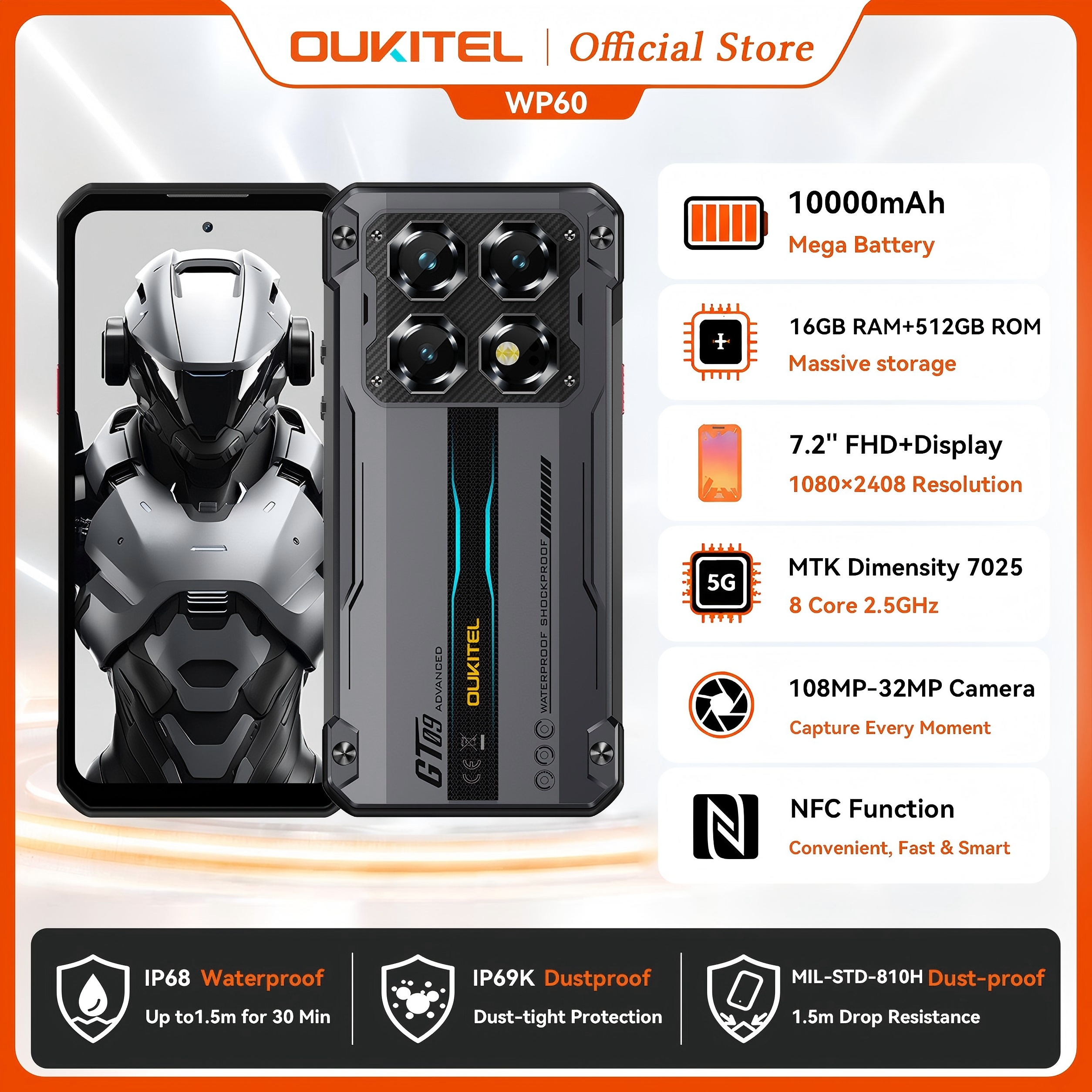 OUKITEL WP60 10000mAh 頑丈な電話 7.2 インチ HD ディスプレイ 48GB(16 32) 512GB MTK 7025 スマートフォン Android 15、108MP カメラ、NFC、120Hz