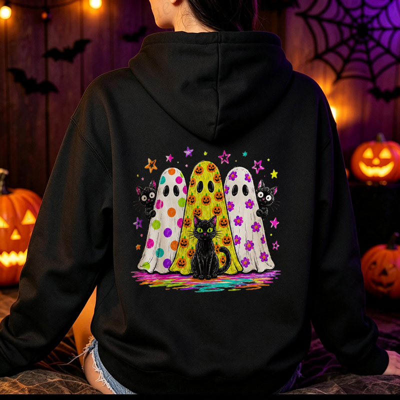 新しい女性ハロウィンゴースト黒猫プリントフリースパーカー原宿ゴシックストリートトレーナーハロウィンパーティー衣装ギフト
