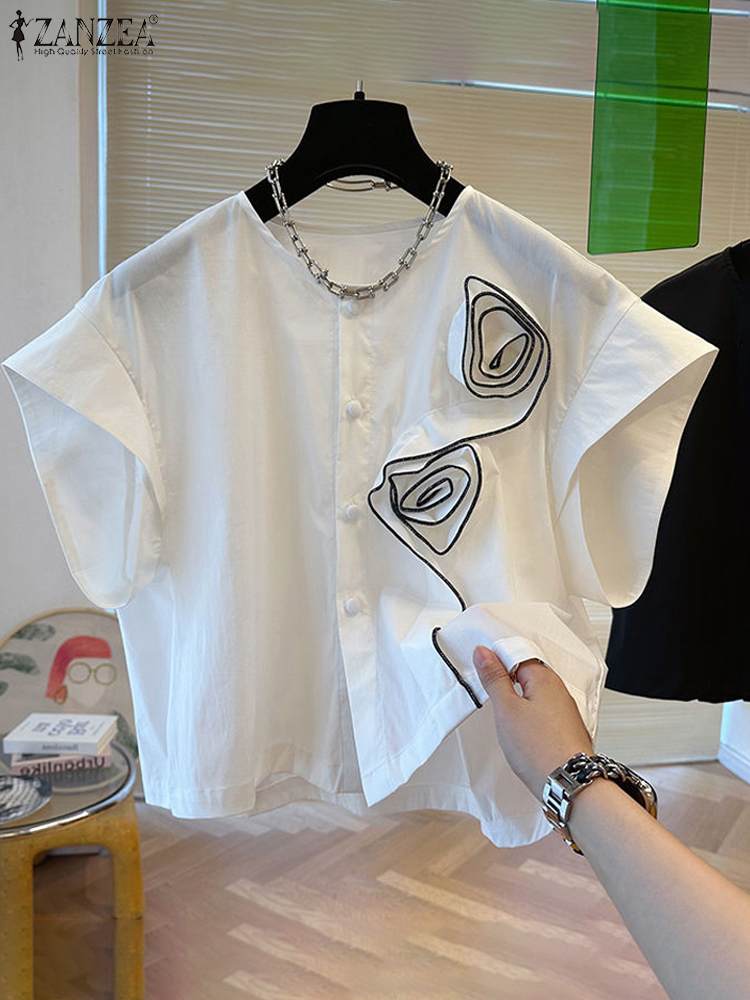 ZANZEA 女性半袖ブラウス Special 立体花 Blusas 2024 夏ラウンドネックシャツカジュアルルーズカラーブロックトップスファム