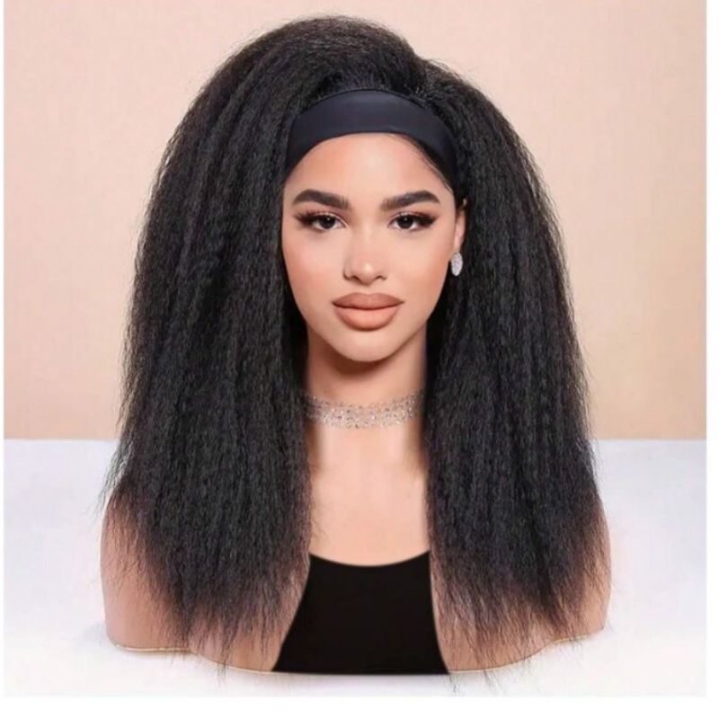黒人女性用の長い変態ストレートヘアウィッグ、合成ヘッドバンドウィッグ、ヘアバンド付きハーフウィッグ、フルマシンメイド、レースなし