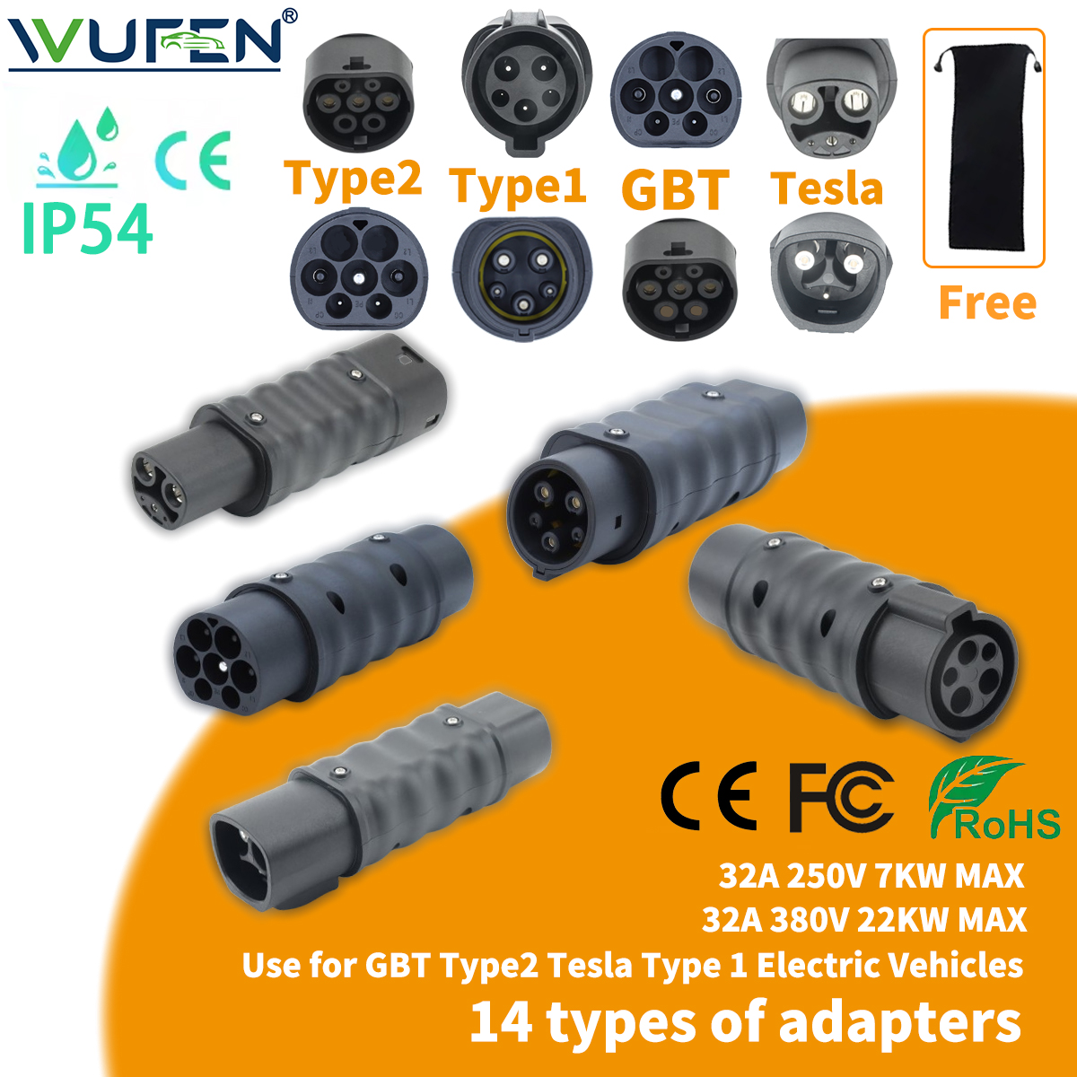WUFEN 32A NACS GBT EV 充電器 GBT から Type1/Type2/Tesla アダプター テスラから GBT/Type1/Type2 コネクタ Type1 から GBT 電気自動車
