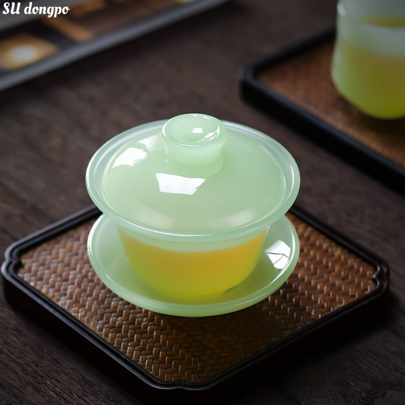 160 ミリリットル Ru Qing グリーン ガラス Gaiwan - Tianquan 中国茶碗大 Sancai 茶 Tureen カンフー ティー セット
