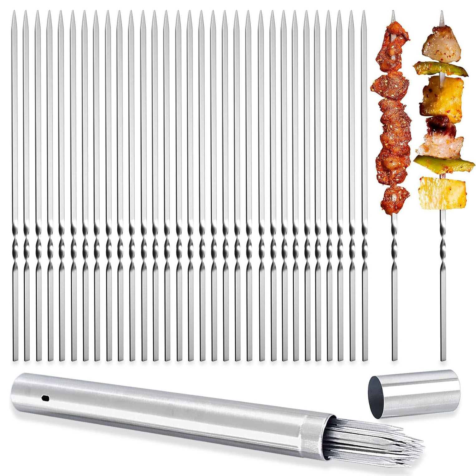 カバブグリル用金属串、13.5インチカバブ串40本、フラットBBQバーベキュー串、再利用可能なセット、ポータブルストレージチューブ付き