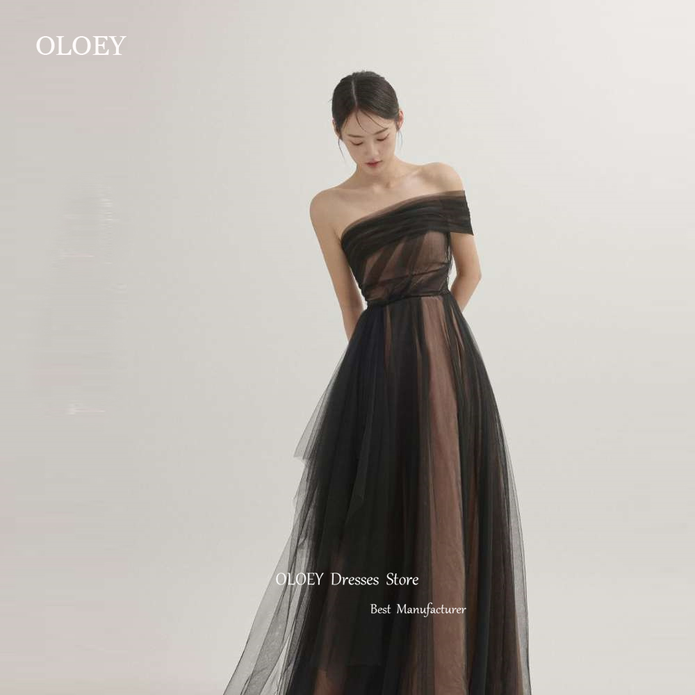 OLOEY ワンショルダー妖精黒のイブニングドレス結婚式カスタマイズされたチュール韓国パーティーフォーマルウエディングドレスコルセットバックフロアレングス