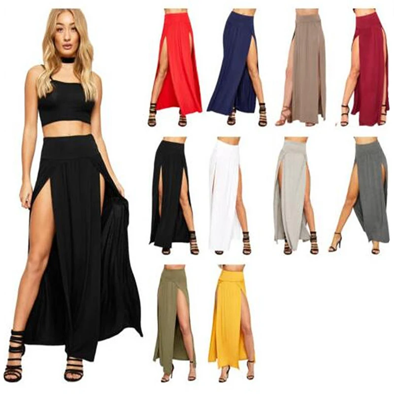 新着ハイウエストセクシーなレディースダブルスリット夏ソリッドロングマキシスカート卸売51バレンタインデーギフト