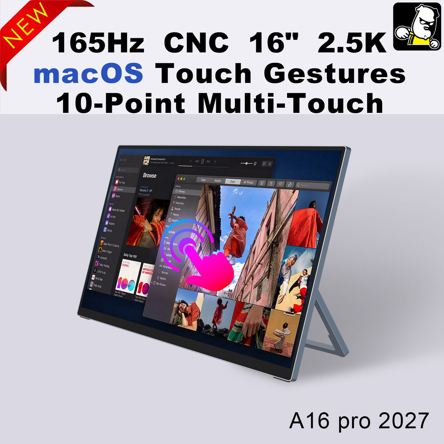 KungFuGo A16 プロ 2027 ポータブルモニタータッチスクリーン 165Hz ワンケーブルソリューションジェスチャータッチコントロールスイッチ用セカンダリディスプレイ