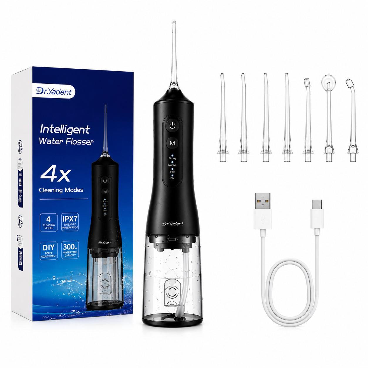 Dr Yadent ウォーターフロッサー 口腔洗浄器 大人用 IPX7 300mL ポータブル歯科クリーナー 4モード 7ノズル タイプC 口腔ケア