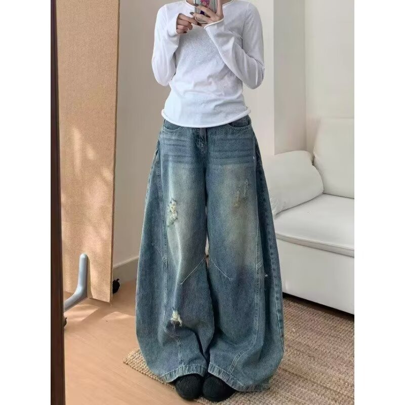 ヴィンテージブルーハイウエストリッピングワイドレッグ女性ジーンズパンツルーズスタイリッシュな痩身スイープパンツ