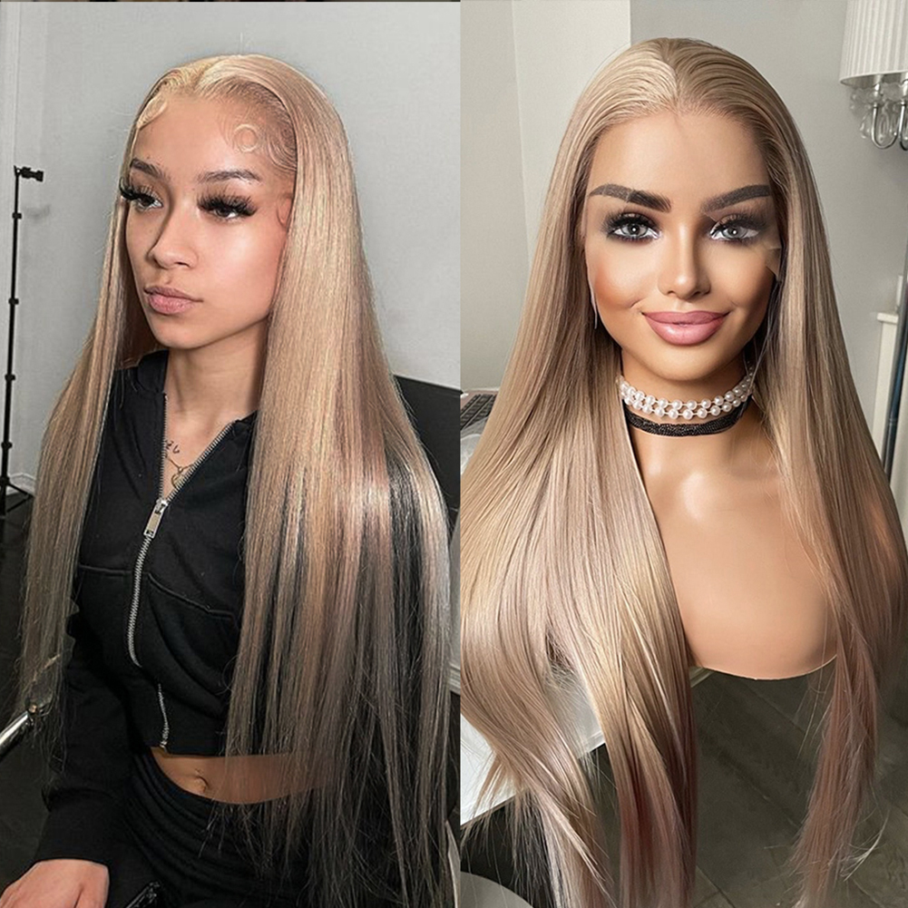 13 × 4 レースウィッグロングストレートヘア合成レースフロントウィッグ女性のためのアッシュブロンドかつら合成耐熱パーティーコスプレウィッグ