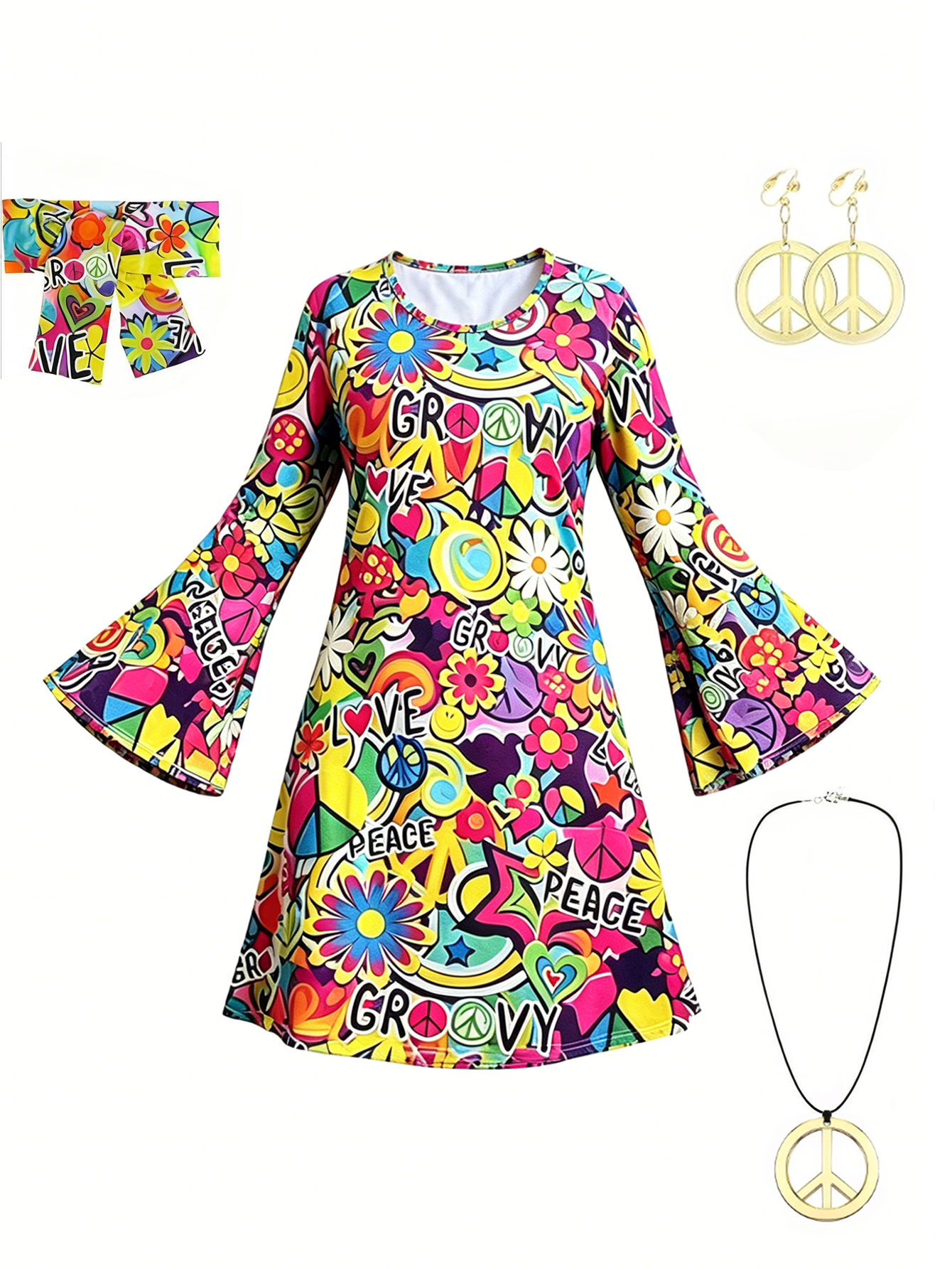 女性 5 個 60 s 70 s ヒッピー衣装セットカラフルな平和プリント長袖ミニドレスヘッドバンドネックレスイヤリングレトロボヘミアン Outf