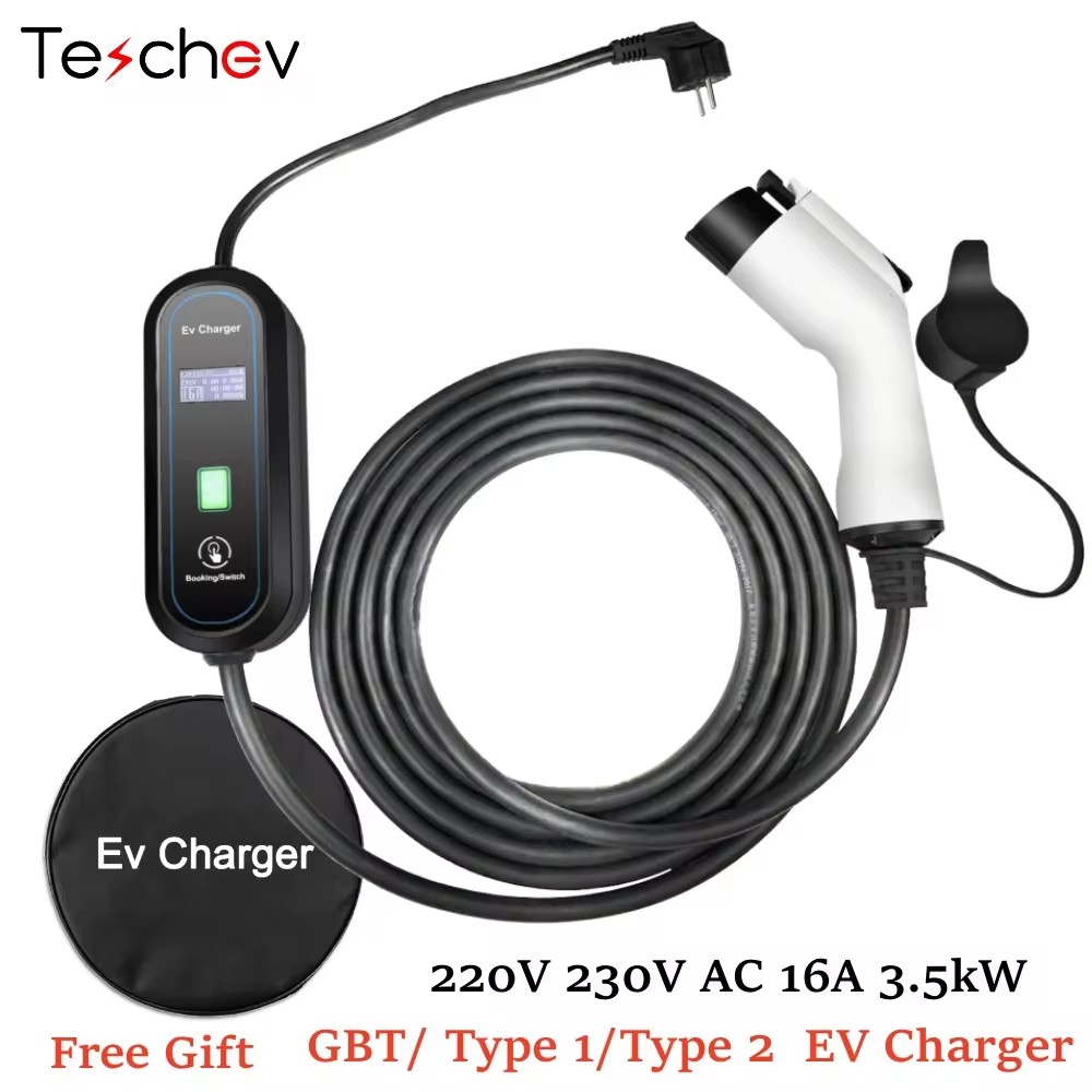 Teschev 220V 230V ポータブル EV 充電器ウォールボックス 16A Type1 J1772 充電ケーブル Type2 コード IEC62196 Schuko プラグ電気自動車用