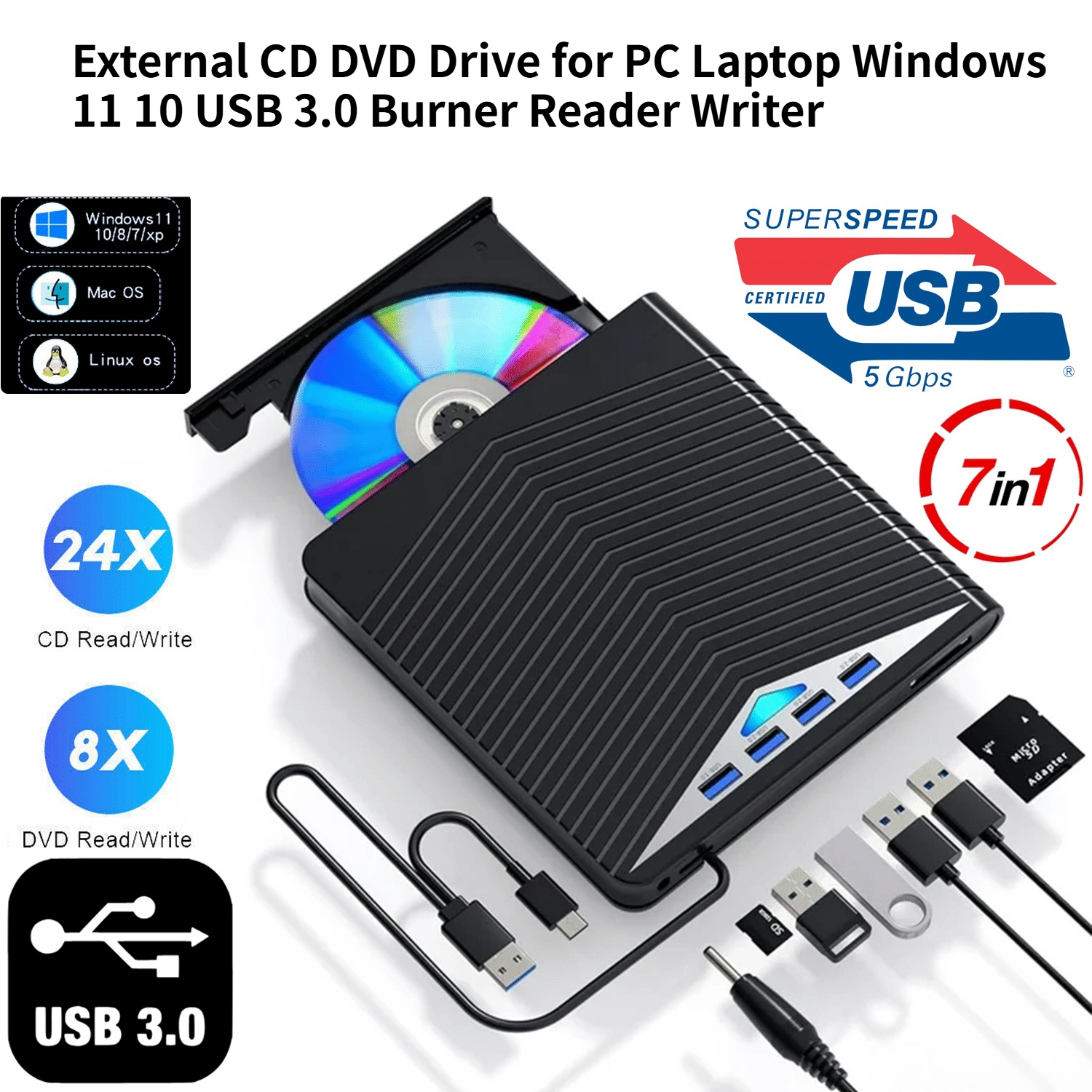 External CD DVD Drive for PC Laptop Windows 11 10 USB 3.0 Burner Reader Writer
