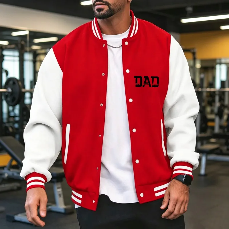 メンズ ワークアウト ベースボール ジャケット 春秋冬、コントラスト スプライス スリーブ リブ袖口 DAD プリント ボタン ルーズ スポーツ コート S-3XL