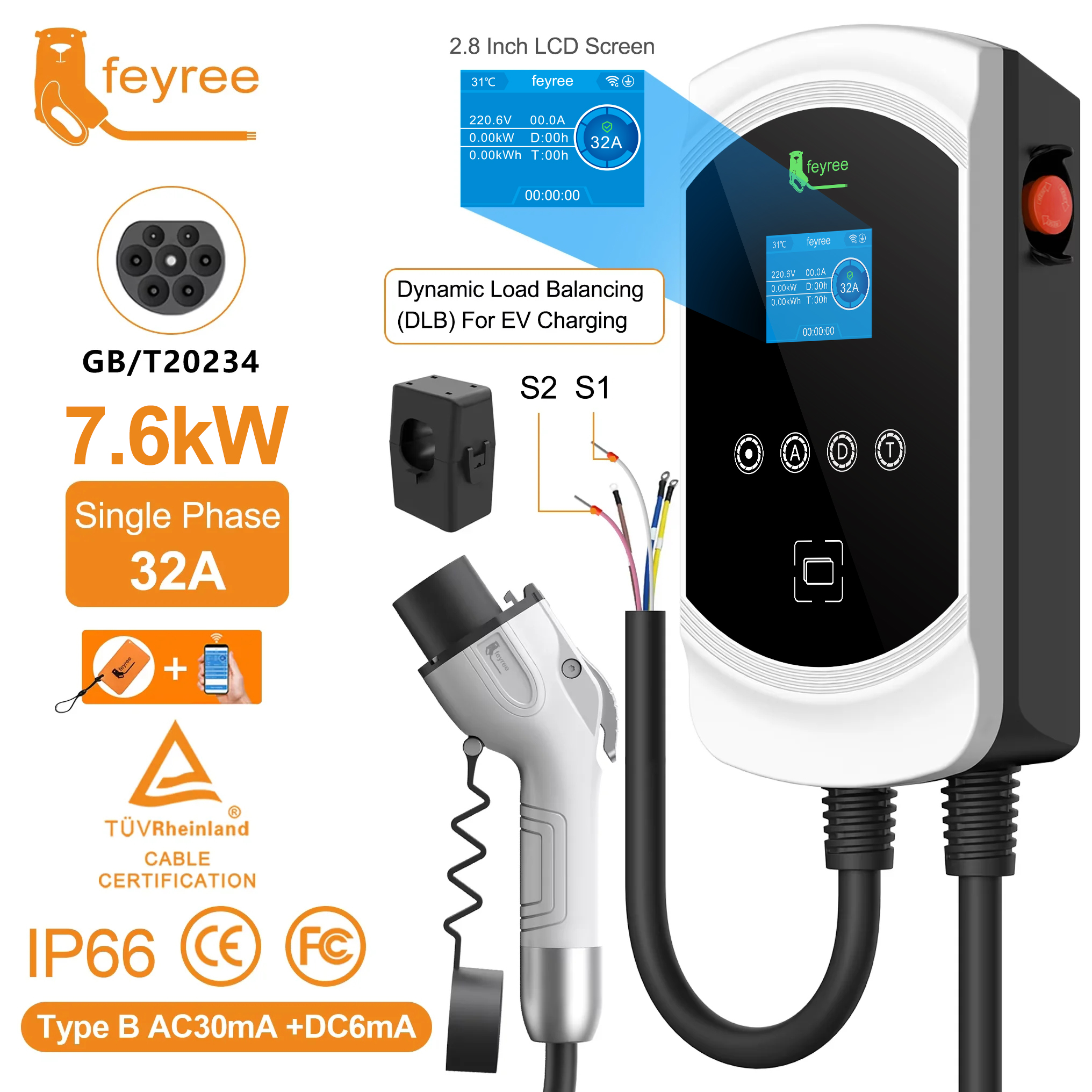 Feyree EV 充電器 GB/T ソケットダイナミックローディングバランス充電ステーション 7kW 11kW 22kW APP 制御電気自動車 EVSE ウォールボックス用