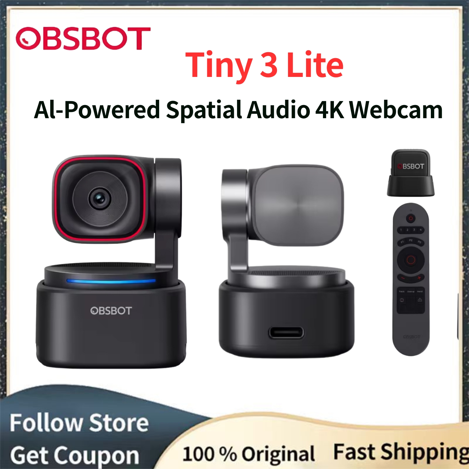 OBSBOT Tiny 3 Lite AI搭載空間オーディオ4KウェブカメラコンパクトAIトラッキングPTZカメラ、1/2インチセンサー、トライマイク、音声コントロール付き`