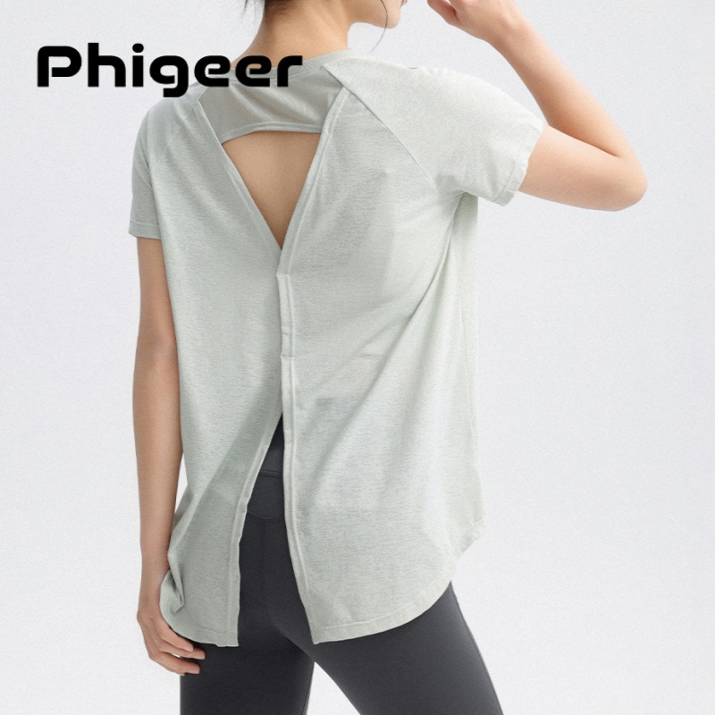PHIGEER オープンバックヨガトップス、女性用、軽量で通気性のある長袖アスレチックシャツ、ハイキング用、女性用ランニングスポーツウェア