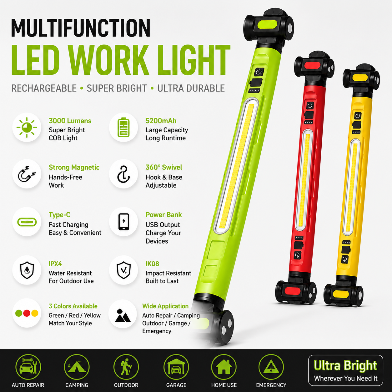 充電式 LED ワークライトフック付き 360 ° スイベル磁気ベースアンダーフードランプバー車の緊急修理メカニック懐中電灯