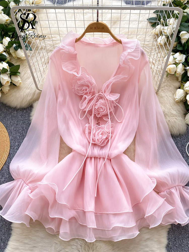 SINGREINY 3D 花柄ビーチショートドレス女性長袖レースアップフリルシフォンケーキサンドレス薄手のセクシーなヴィンテージボヘミアンドレス
