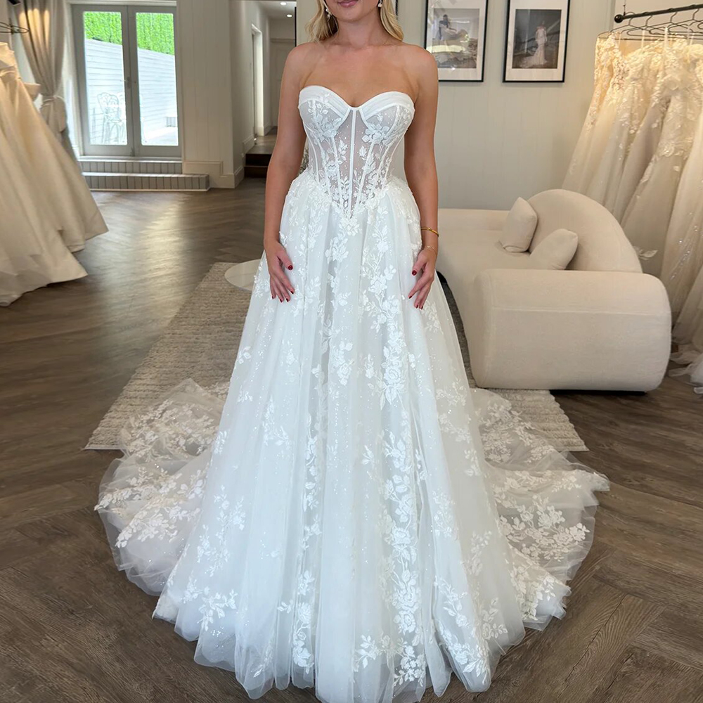 カスタマイズされた A ライングリッターチュールアップリケ花嫁ドレスノースリーブ恋人のウェディングドレス自由奔放に生きるコルセットブライダルドレス