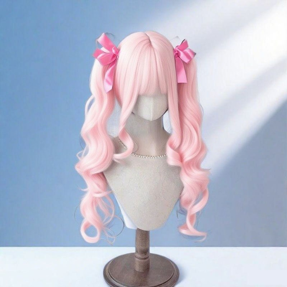 ロリータ ピンク ウェーブのかかったカーリー ウィッグ - 65cm ナチュラル ヘア、前髪付きダブル ポニーテール、かわいいコスプレウィッグ、2025 年新到着