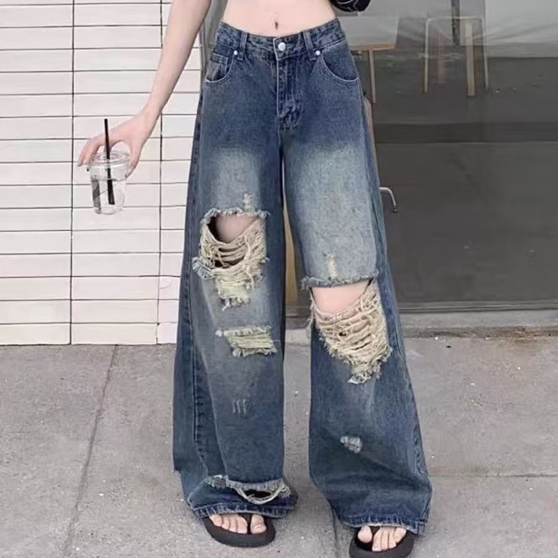カジュアルデニムパンツ女性ジーンズヴィンテージストレートパンツ秋春ファッション女性ブルーワイドレッグパンツ穴ジーンズ