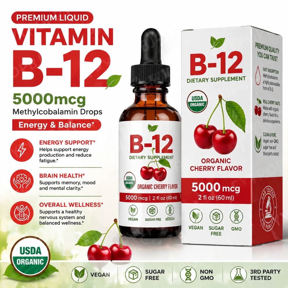 ビタミン B12 ドロップ 5000mcg メチルコバラミン液体舌下サプリメントチェリーフレーバービーガンシュガーフリー毎日の栄養 60 ミリリットル