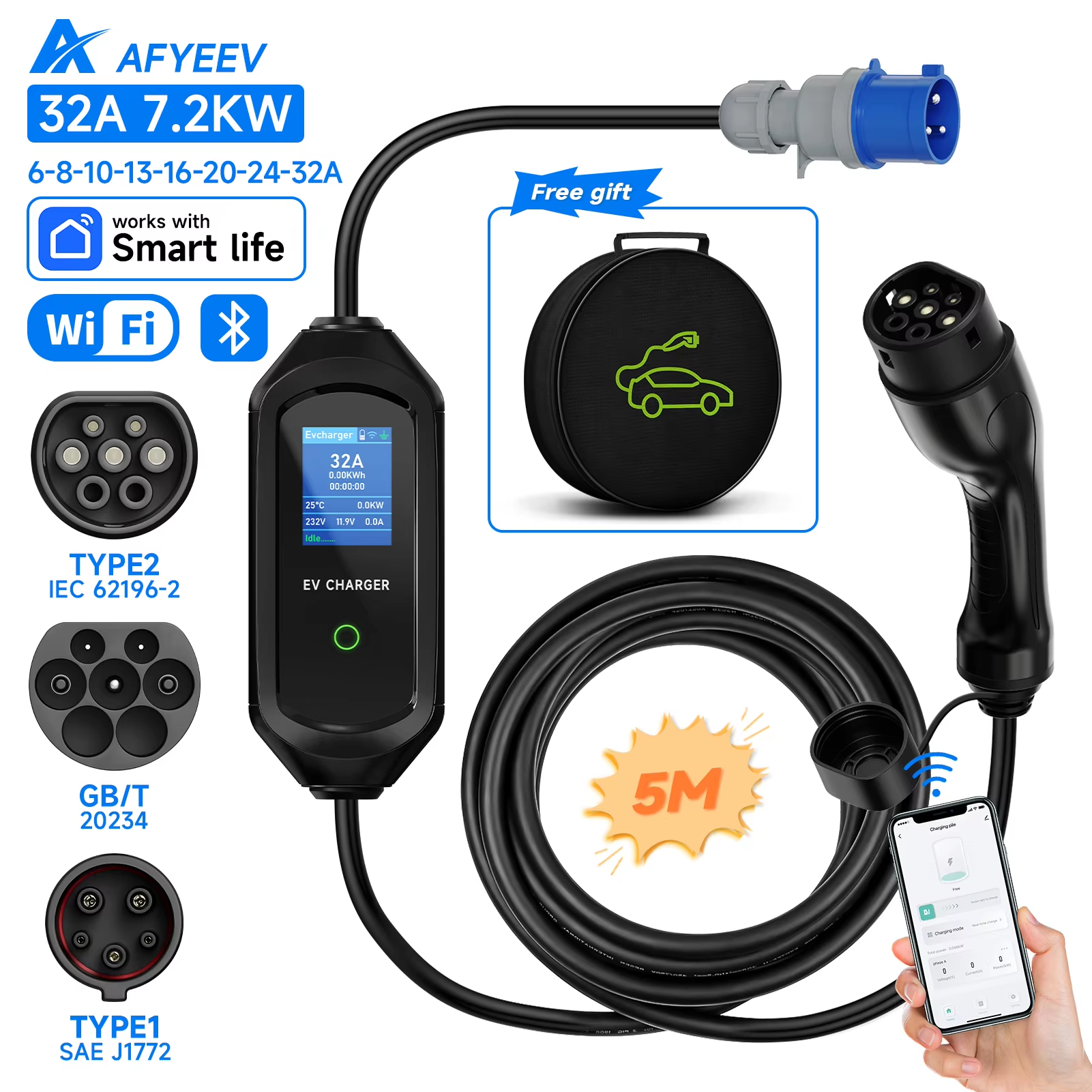 AFYEEV 32A 7.2KW Type2 Type1 EV 充電器ポータブル GB/T 電気自動車充電器 EVSE 充電ケーブル WiFi Bluetooth APP 制御
