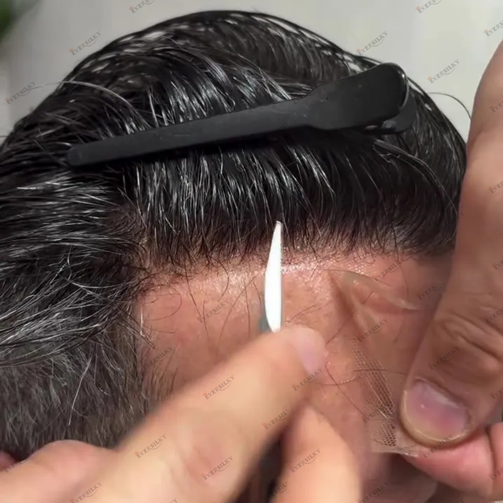 スイスレースフロント Q6 ベース男性の人毛ナチュラルヘアラインかつら漂白ノットスキンメルトレース