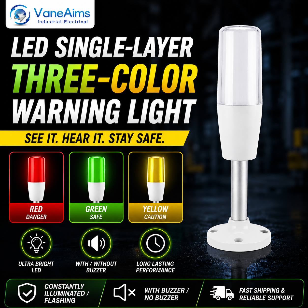 単層 3 色 LED 警告灯ラウンドベースブザー付き赤黄緑工業用信号警報ランプ AC/DC12V 24V