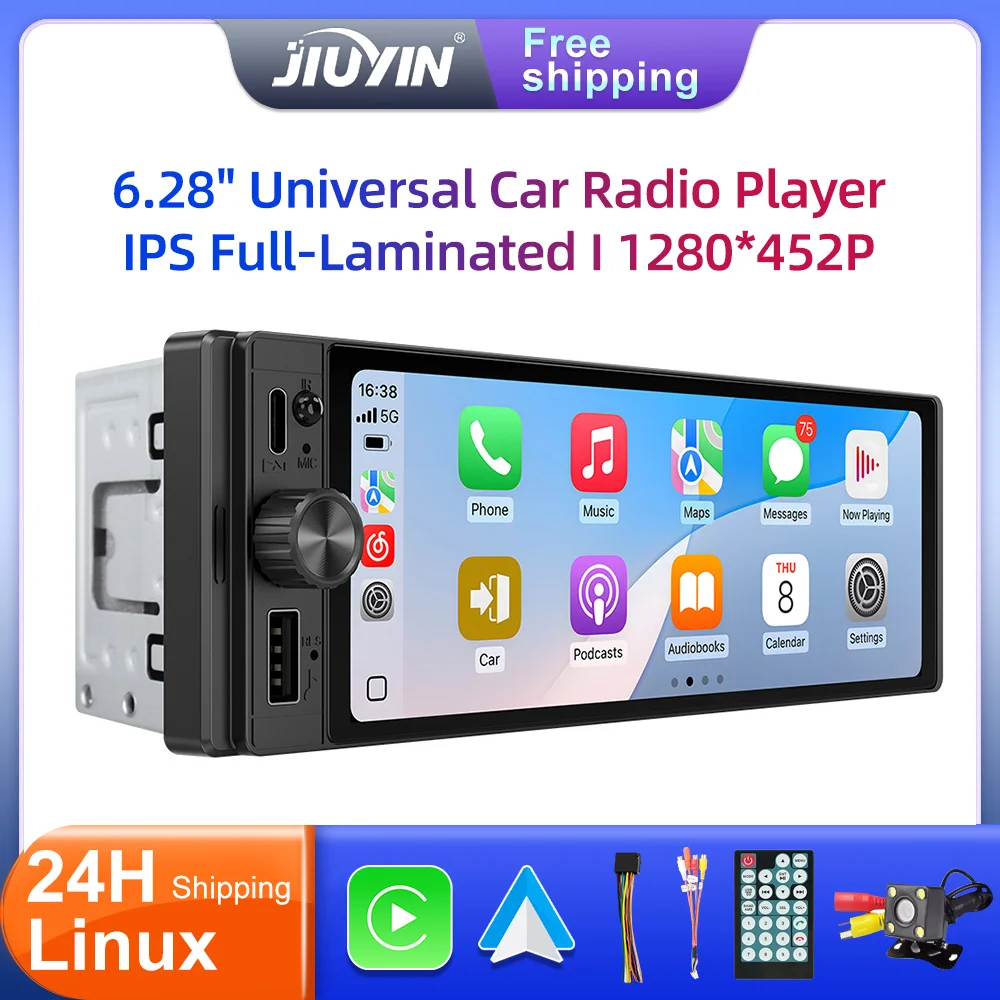 JIUYIN 1Din 6.28 インチワイヤレス CarPlay Android 自動 IPS タッチスクリーンユニバーサルカーラジオ FM ステレオ MP5 マルチメディア GPS プレーヤー
