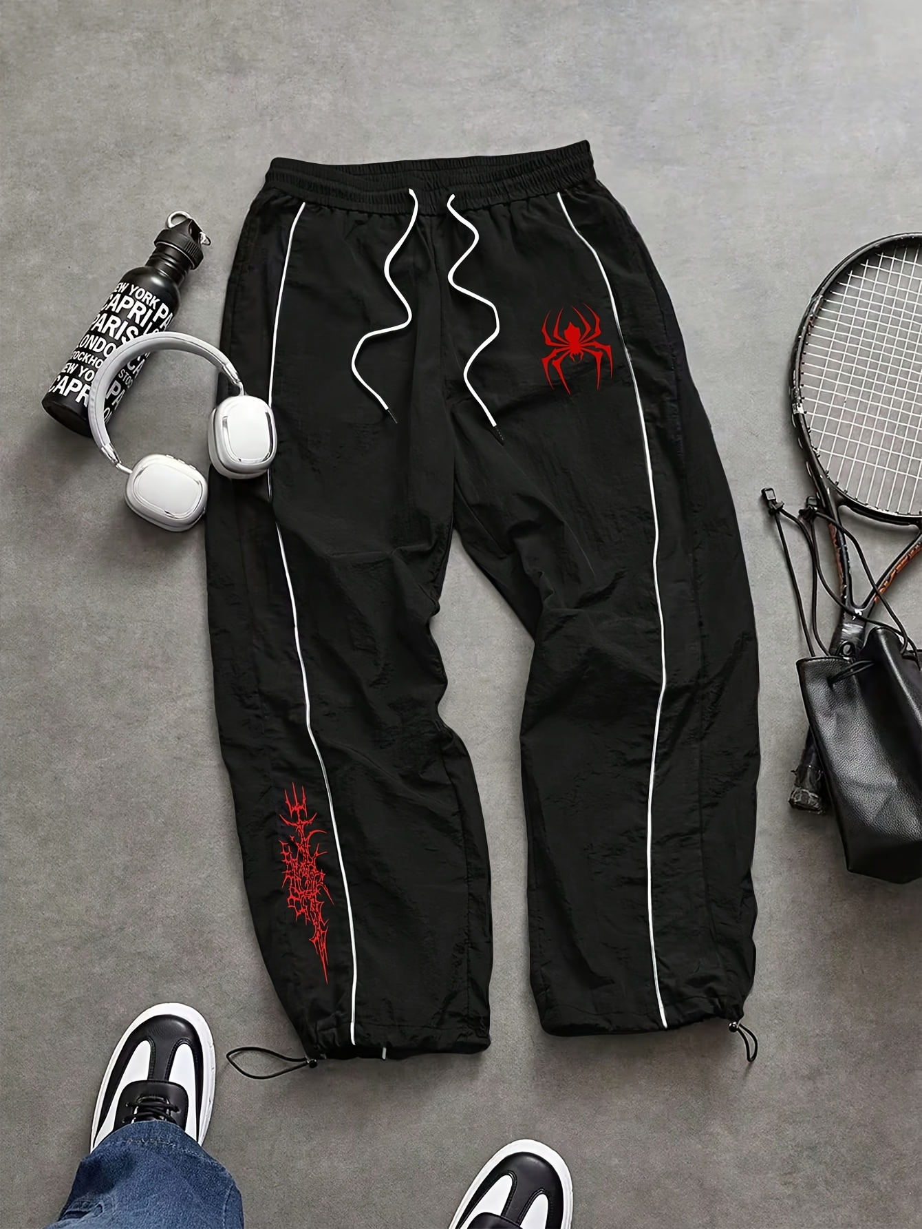 Men's Spider & Web Print Striped Drawstring Joggers Lightweight Quick-Dry Streetwear Gym Pants for Daily Spring Summer Wear