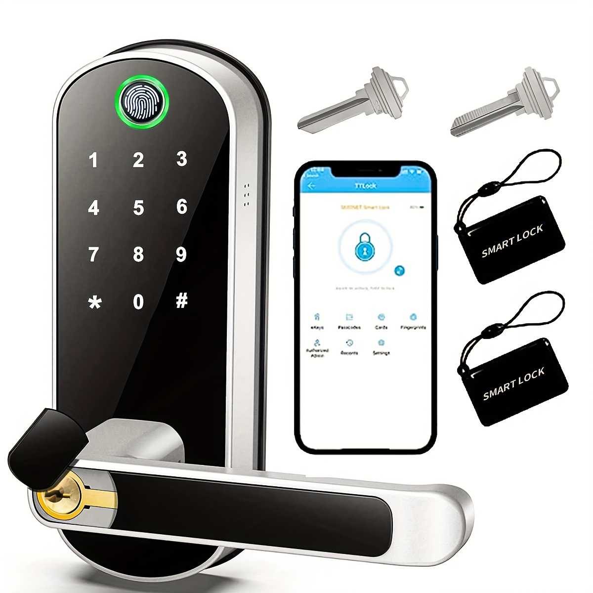 スマート指紋ドアロックアプリリモコンキーレスWIFIデジタルタッチスクリーンロックNFC IP67防水ICカード2枚付き