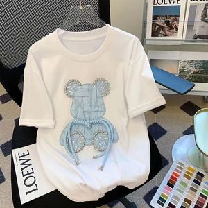 レディース半袖クルーネックTシャツ、カジュアル漫画Tシャツ、オーバーサイズゆったりTシャツトップス、ホットラインストーンサマーファッション