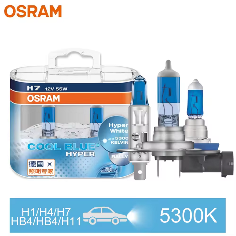 OSRAM H7 H4 H1 H11 HB3 9005 HB4 9006 ハロゲンヘッドライトカーライト Hi/Lo ビーム 5300K 12V 55W クールブルーハイパーホワイト電球 (2 個)