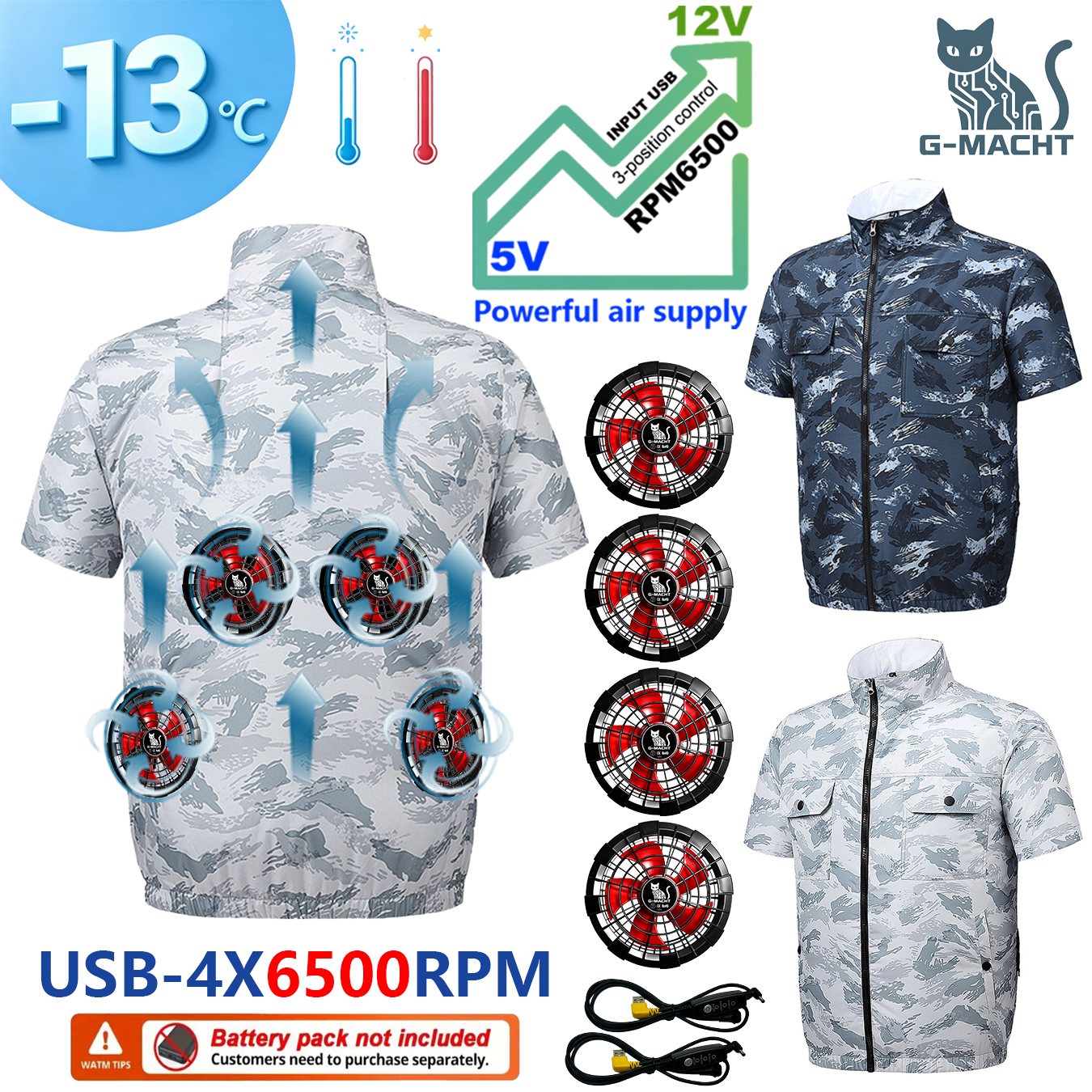 G-MACHT 男性半袖 4Fans 冷却ジャケット USB 空調服屋外作業釣り熱保護冷却ベスト