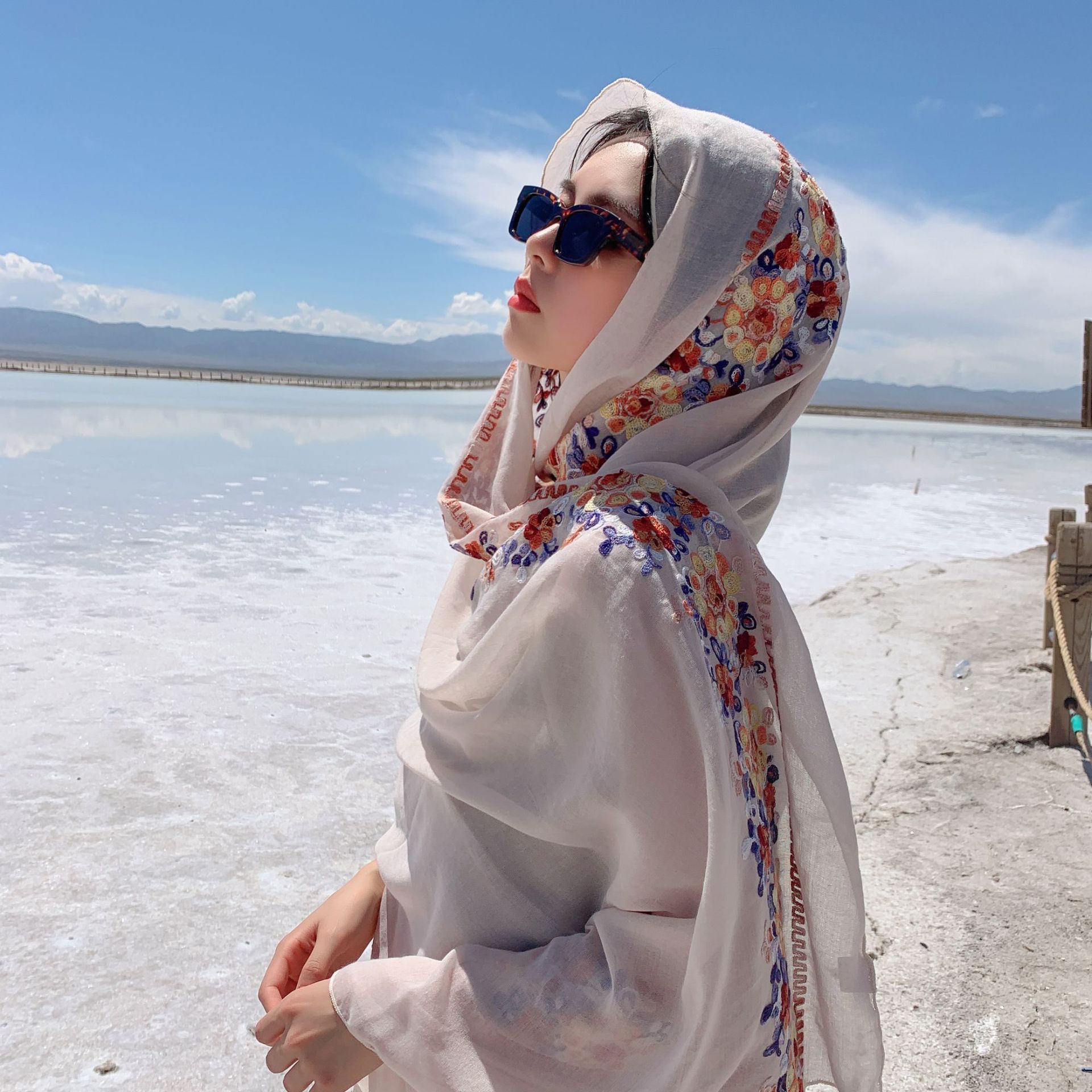 エスニックビーチスカーフボヘミアン太陽保護ショール女性屋外旅行スカーフ写真刺繍イスラム教徒ヒジャーブターバン