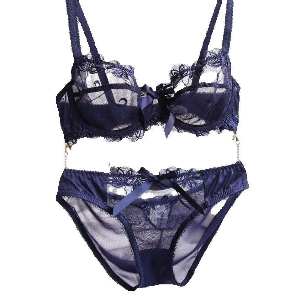 女性のブラジャーとパンティフランス刺繍レース Bralette ワイヤレス三角カップブラジャーエレガントな薄いストラップ小さな胸カバーランジェリー